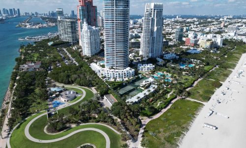 Florida panorama. Skyscraper architecture of Miami. Miami South beach landscape aerial view. Luxurious life. Aerial Miami skyscraper. Aerial Miami south beach. Cityscape landscape of South Beach.